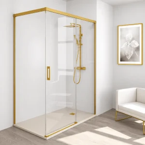 Mampara de ducha frontal + Puerta Corredera y lateral fijo MUSE perfil oro