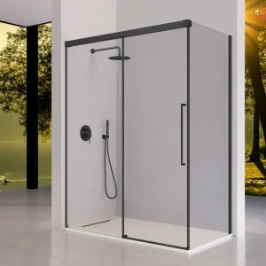 Mampara de ducha frontal con Puerta Corredera + Lateral fijo PAVIA Negro