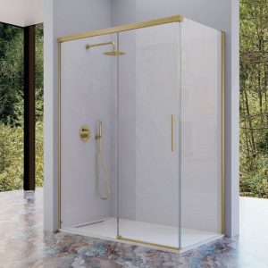 Mampara de ducha frontal con Puerta Corredera + Lateral fijo URBAN Oro cepillado
