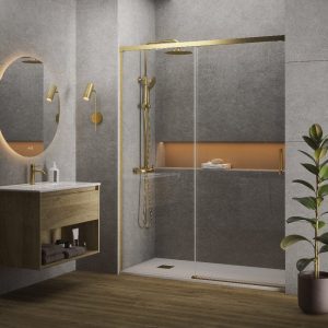 Mampara de ducha frontal + Puerta Corredera MUSE oro