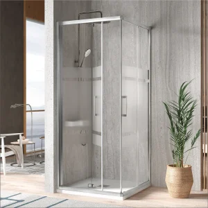 Mampara de ducha esquina Puerta Plegable + Puerta Corredera S300 con Cristal serigrafiado